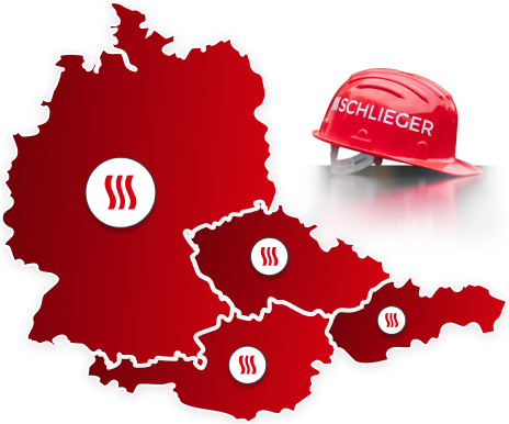 Mapa působnosti Schlieger: Česko, Slovensko, Německo, Rakousko